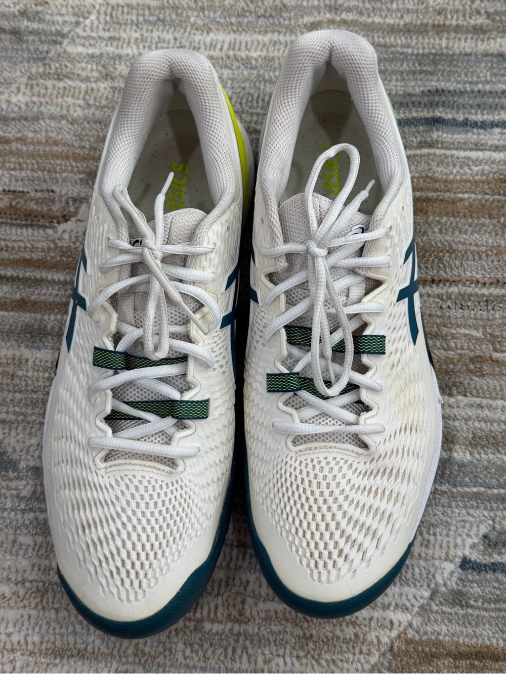 Asics White Running Shoes with Teal and Neon Yellow Accents